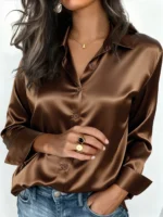 Women's Satin Button-Up Blouse, Elegant Collared Shirt for Office or Casual Wear