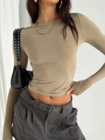 Women Casual Long Sleeve T-Shirts Spring Autumn Solid Slim Fit Pullovers Tees Shirts - Image 3