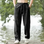 2025 summer men's cotton and linen oversized wide leg pants, men's artistic style elastic waist - Image 5