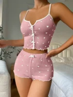 Sexy Heart Print Pajama Set for Women Sleepwear Silk Stain V-Neck - Image 3