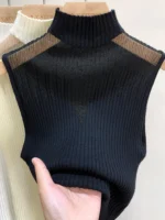 Mesh Knitted Top Women Y2K Tank Top Half Neck Vest Female Sleeveless Sweater - Image 3
