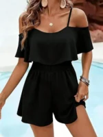 Women's casual short jumpsuit, off-shoulder halter jumpsuit
