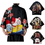 Japanese Sakura Cat Samurai Printed Kimono for Men Women, Haori Cardigan, Traditional Costume
