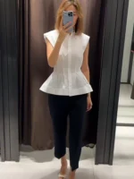TFMLN Women's Pleated Shirt Spring Summer Vintage Lapel Collar Sleeveless Blouses - Image 2