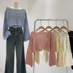 Long Sleeve Crochet Knit Top Summer Beach Bikini Cover Up Crop Pullover
