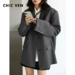 CHICVEN Women Office Lady Blazer Cuff Embroidery Wide Shoulder Twill Suit