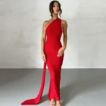Dulzura One Shoulder Backless Ruched Slim Ribbon Long Dress Women Solid Sexy Elegant Dress - Image 2