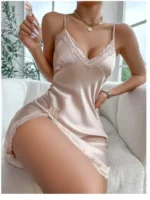 Leopard Silk Satin Women Nightgown Sleeveless Side Split Lace Sleepwear V Neck - Image 5