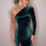 Women Elegant Long Sleeve Party Evening Velvet Bodycon Split Pencil Midi Dress Spring Autumn Clothes