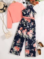 Spring and summer girls fashion outdoor leisure vacation 2-piece pink suit - Image 2