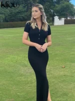 Kliou Elegant Office Lady Maxi Dress Women Solid Fashion Turn-down Collar Short Sleeve - Image 5