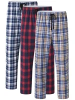 3Pcs Men's 100% Cotton Plaid Pajama Sleeping Pants, Long Plaid Print Sleepwear Pajama Pants