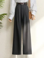 Burgundy Suits Pants for Women Office Lady Elegant High Waist Wide Leg Fashion - Image 3
