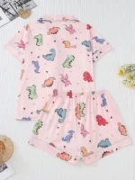 Women Short Sleeve Lapel Pajama Set Dinosaur Print Sleepwear Loungewear - Image 3