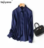 Tajiyane Women's 93% Mulberry Silk 7% Spandex 19 momme satin Silk Buttons long sleeve shirt - Image 2