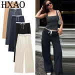 HXAO Women Pants Summer Baggy Pants For Woman Pleats Casual Black Pants