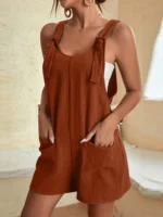 Women Summer Casual Short Rompers Elegant Solid Sleeveless Tie Knot Strap Jumpsuits - Image 5