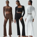 Women Two Pieces Fitness Yoga Set Solid Color Long Sleeve Gym Sportswear Suit