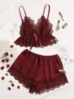 Lace Trim Cami Top With Satin Shorts Pajama Set For Women - Image 6
