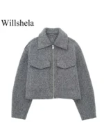 Willshela Women Fashion With Pockets Grey Front Zipper Jackets Vintage Lapel Neck Long Sleeves - Image 2