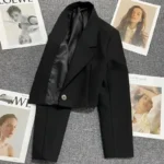 Black Cropped Blazers Woman Trend 2024 New All-match Notched Collar Crop Jacket - Image 3