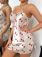 Women's V Neck Spaghetti Strap Nightdress Heart Print Sexy Nightwear - Image 4