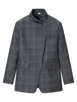 HH Women Fashion Plaid Blazer Coat Stand Collar Long Sleeve Jacket - Image 2