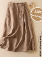 High-End Cotton Linen A-Line Midi Skirt Women's plus Size Loose Slimming Casual Artistic Style - Image 3