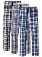 3Pcs Men's 100% Cotton Plaid Pajama Sleeping Pants, Long Plaid Print Sleepwear Pajama Pants - Image 2