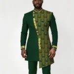 Men’s Dark Green Solid & Kente Circle Print Patchwork Formal Wear Set Stand Collar 2 Piece