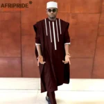 African Clothing for Men Dashiki Agbada Shirts Pants and Tribal Hat 3 Piece Set - Image 5