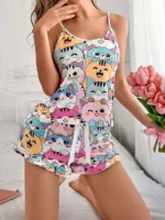 Cute Cat Print Camisole And Shorts Sleepwear Pajama Set For Women - Image 5