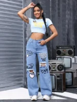 Women's High Waist Button Up Butterfly Print Jeans Fashion - Image 6