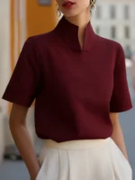 Split Neck Short Sleeve Blouse Women Elegant Stand Collar Half Sleeve Top Office Lady - Image 4