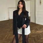 Tuularose Stripe Tailored Coat For Women Lace Up V Neck Long Sleeves Coat - Image 5