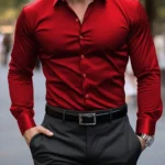 Men's Solid Red Long Sleeve Formal Dress Shirt for Business Office Wear