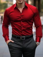 Men's Solid Red Long Sleeve Formal Dress Shirt for Business Office Wear