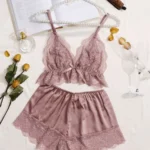 Lace Trim Cami Top With Satin Shorts Pajama Set For Women