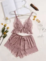 Lace Trim Cami Top With Satin Shorts Pajama Set For Women