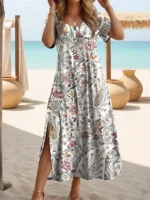 Elegant Summer Plus Size V-Neck Butterfly Print Dress - Split Hem Short Sleeve Women's Fashion - Image 4