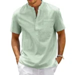 Cotton Linen Shirt Men Henley Neck Pocket Casual Beach Short Sleeve - Image 5