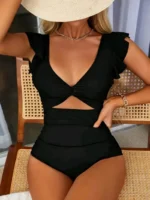 Contrast Mesh One Piece Swimsuit, V Neck Solid Color Backless Tummy Control High Cut Bathing Suit - Image 2