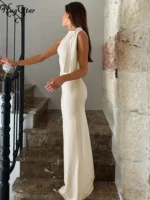 Hugcitar Fashion Solid O Neck Sleeveless Patchwork Sexy Bodycon Maxi Prom Dress - Image 2