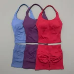 2 Pieces Shorts Yoga Set Women Backless Halter Tops High Waist Seamless Shorts Gym Suit - Image 4