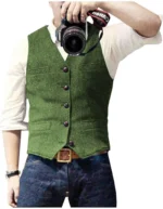 Men's Suit Vest V Neck Wool Herringbone Tweed Casual Waistcoat - Image 5