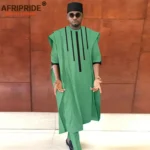 African Clothing for Men Dashiki Agbada Shirts Pants and Tribal Hat 3 Piece Set
