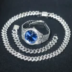 3pcs Men's Silver Watch Set Hip-hop Punk Inlay Diamond Watch+Cuban Chain+Bracelet - Image 2
