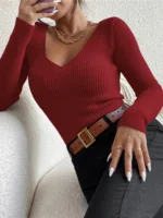 2026 Autumn Winter Women Solid Rib Knit V Neck Stripe Pull Sweater - Image 5