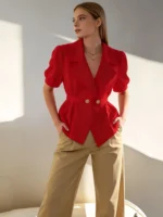 Women's Red Short Sleeve Blazer Office Work Business Casual Jacket - Image 5
