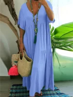plus Size Women's Casual Loose V-Neck Solid Long Dress